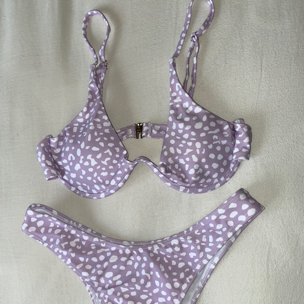 Purple and white patterned bikini set